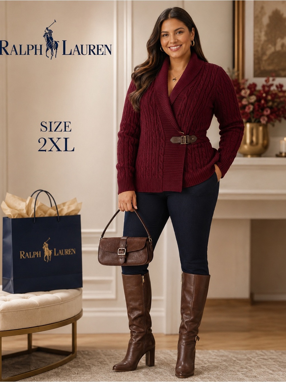 Ralph Lauren Burgundy Cable-Knit Shawl Collar Cardigan
